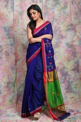 Royal Blue Handloom saree with Green pallu 1