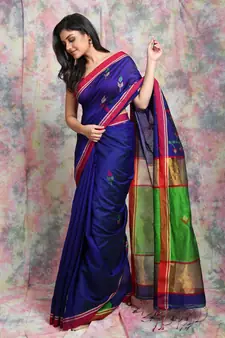 Royal Blue Handloom saree with Green pallu