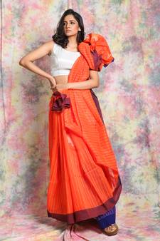 Orange woven Handloom saree with contrast pallu
