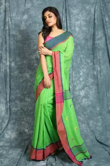 Light green woven cotton Handloom saree with dual border