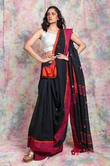 Black cotton Handloom with dual border