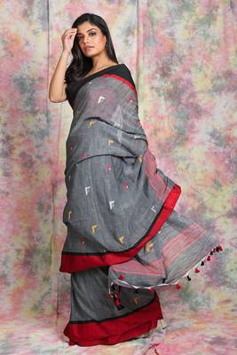 Grey woven cotton Handloom saree with dual border 2