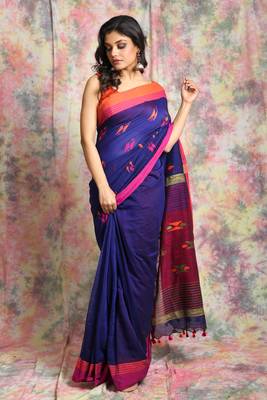 Dark blue cotton Handloom saree with dual border 1