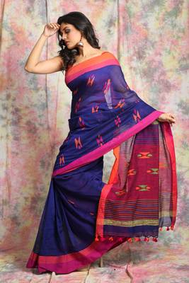 Dark blue cotton Handloom saree with dual border 2