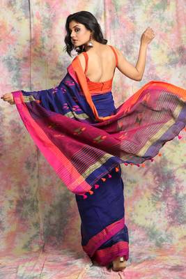 Dark blue cotton Handloom saree with dual border 3