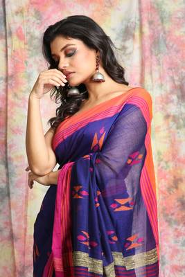Dark blue cotton Handloom saree with dual border 4