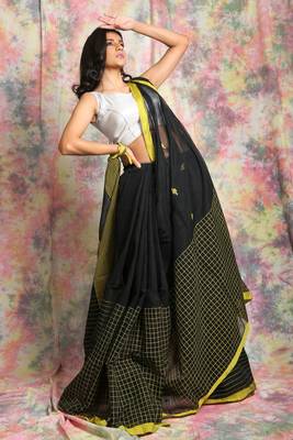Black woven blended cotton saree with blouse 2