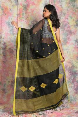 Black woven blended cotton saree with blouse 3