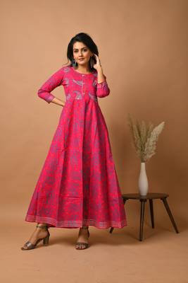 KAAJH Pink Floral Printed Cotton Anarkali Kurta 3