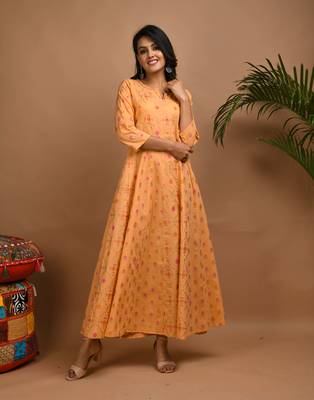 KAAJH Orange Printed Cotton Anarkali Kurta 1
