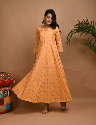 KAAJH Orange Printed Cotton Anarkali Kurta 3
