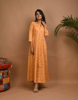 KAAJH Orange Printed Cotton Anarkali Kurta 4