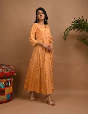 KAAJH Orange Printed Cotton Anarkali Kurta 5