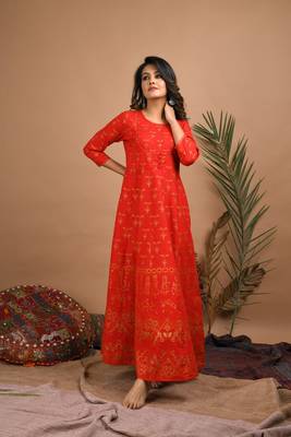 KAAJH Red Gold Printed Cotton Anarkali Kurta 1