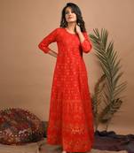 KAAJH Red Gold Printed Cotton Anarkali Kurta