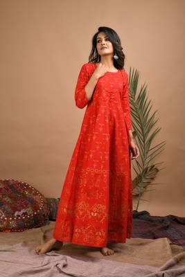 KAAJH Red Gold Printed Cotton Anarkali Kurta 2