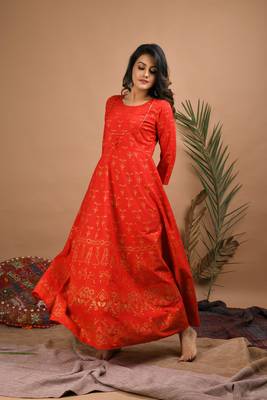 KAAJH Red Gold Printed Cotton Anarkali Kurta 3