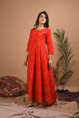 KAAJH Red Gold Printed Cotton Anarkali Kurta 4