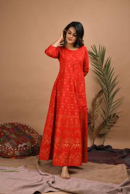 KAAJH Red Gold Printed Cotton Anarkali Kurta 5
