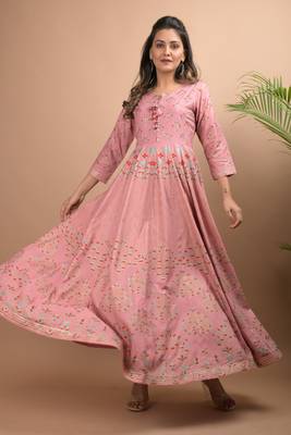 KAAJH Pink Gold Printed Rayon Anarkali Kurta 1