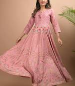KAAJH Pink Gold Printed Rayon Anarkali Kurta