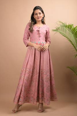 KAAJH Pink Gold Printed Rayon Anarkali Kurta 2