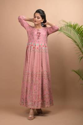 KAAJH Pink Gold Printed Rayon Anarkali Kurta 3