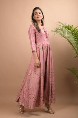 KAAJH Pink Gold Printed Rayon Anarkali Kurta 4