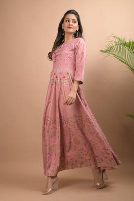 KAAJH Pink Gold Printed Rayon Anarkali Kurta 5