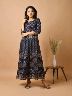 KAAJH Blue Gold Printed Rayon Anarkali Kurta 1