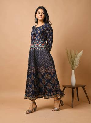 KAAJH Blue Gold Printed Rayon Anarkali Kurta 2