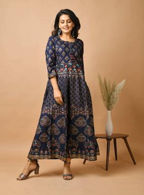 KAAJH Blue Gold Printed Rayon Anarkali Kurta 3