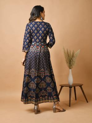 KAAJH Blue Gold Printed Rayon Anarkali Kurta 4