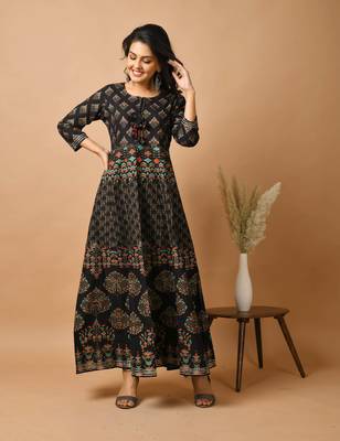 KAAJH Black Gold Printed Rayon Anarkali Kurta 1