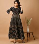 KAAJH Black Gold Printed Rayon Anarkali Kurta