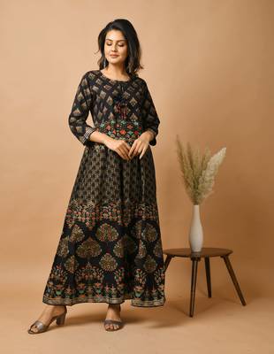 KAAJH Black Gold Printed Rayon Anarkali Kurta 2