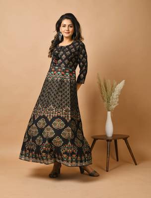 KAAJH Black Gold Printed Rayon Anarkali Kurta 3