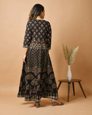 KAAJH Black Gold Printed Rayon Anarkali Kurta 4