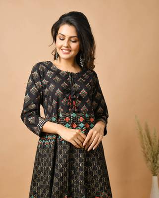 KAAJH Black Gold Printed Rayon Anarkali Kurta 5