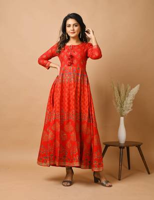 KAAJH Red Gold Printed Rayon Anarkali Kurta 1
