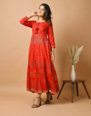 KAAJH Red Gold Printed Rayon Anarkali Kurta 2