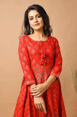 KAAJH Red Gold Printed Rayon Anarkali Kurta 3