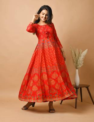 KAAJH Red Gold Printed Rayon Anarkali Kurta 4