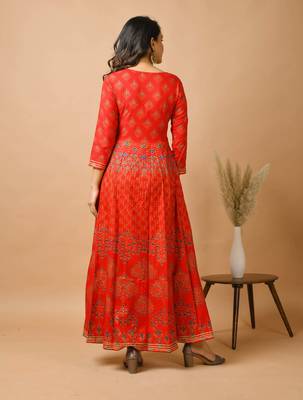 KAAJH Red Gold Printed Rayon Anarkali Kurta 5