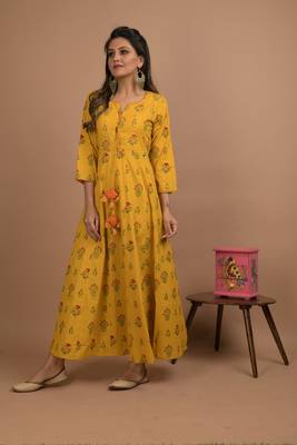Yellow printed cotton long-kurtis 1