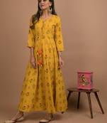 Yellow printed cotton long-kurtis