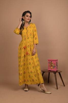 Yellow printed cotton long-kurtis 2