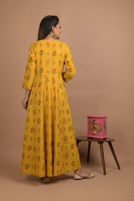 Yellow printed cotton long-kurtis 3