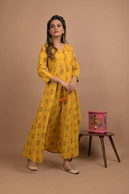 Yellow printed cotton long-kurtis 5