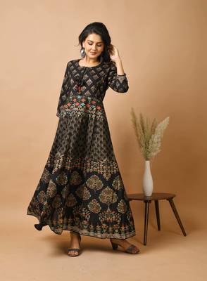 KAAJH Black Gold Printed Cotton Anarkali Kurta 1